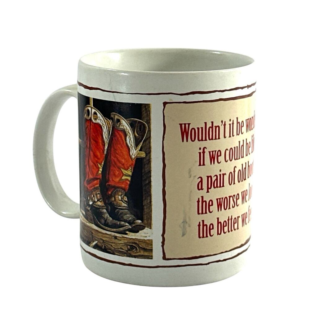 Vintage 1991 Leanin’ Tree Lisa Danielle Cowboy Boots Coffee Mug Western 4”